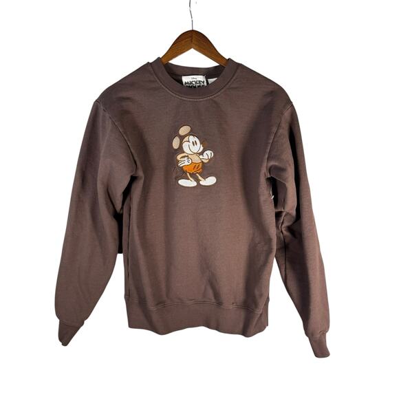 Disney Mickey Mouse Chocolate Brown Crewneck Fleece lined Sweatshirt Size XS - Picture 1 of 12